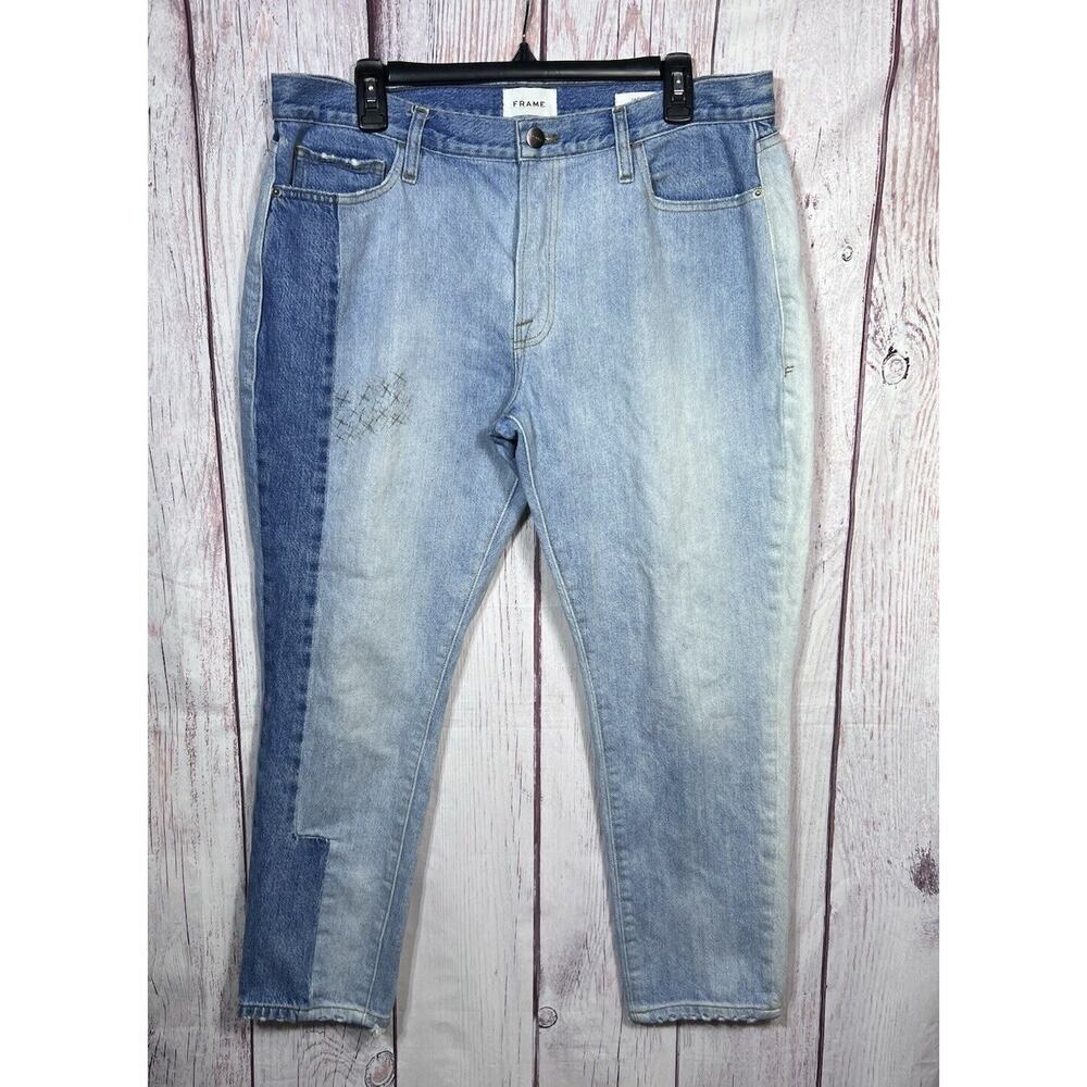 FRAME Women's Mid Rise Straight Leg Jeans Blue Le Garcon 2 Tone Patchwork Sz 36